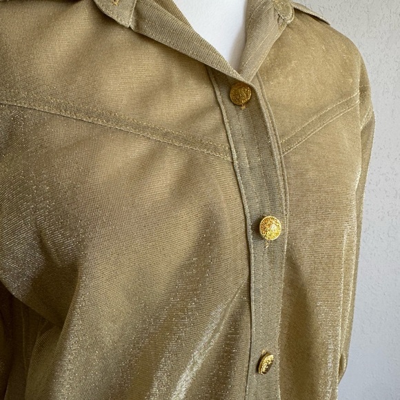 Cache Gold Metallic Sheer Button Down Blouse Womens S Grannycore Vintage - Picture 2 of 6